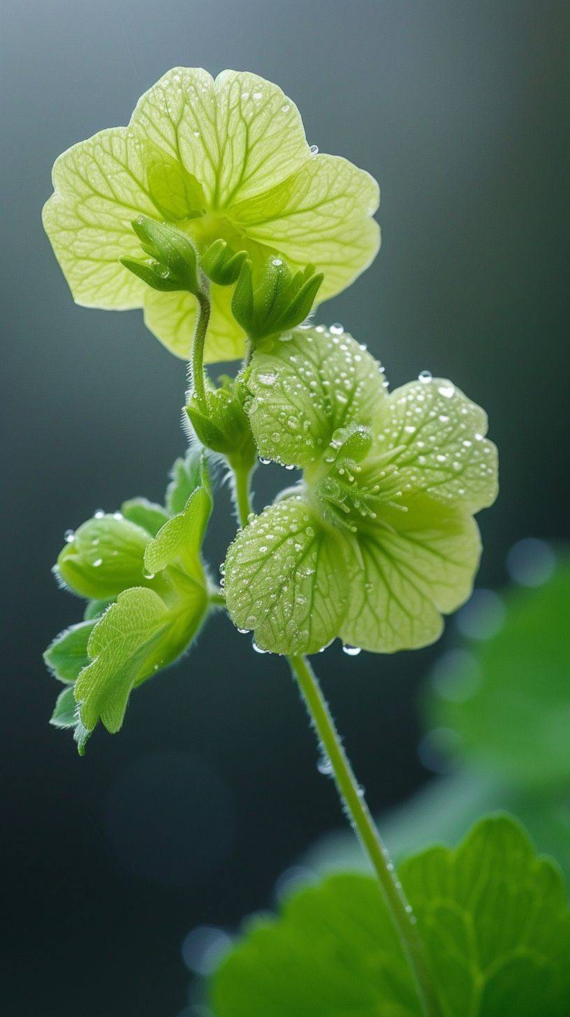 A light green geranium, with two buds on the branch, three tender green leaves, crystal clear dewdrops, ultra-high-definition vision, realism, background blur