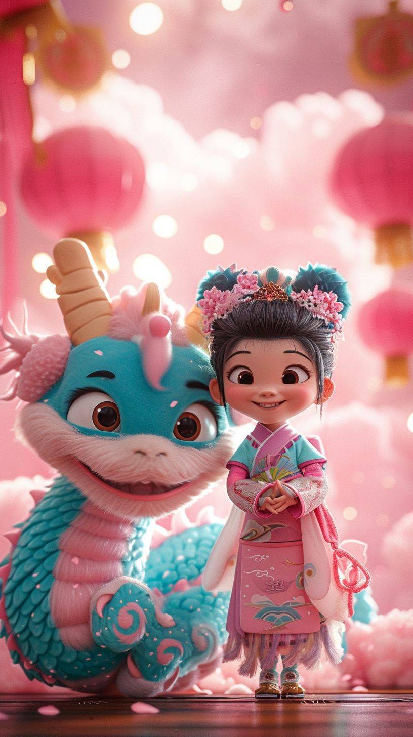 Pixar animation style, Chinese New Year. Pink background, made of marshmallow material, a big blue and pink Chinese dragon with a big smile, its tail is like a cloud, it has a colorful cloud on its head, standing next to it is a super cute little girl wearing traditional Chinese clothing, strong light effect --ar 9:16 --v 6 --stylize 250