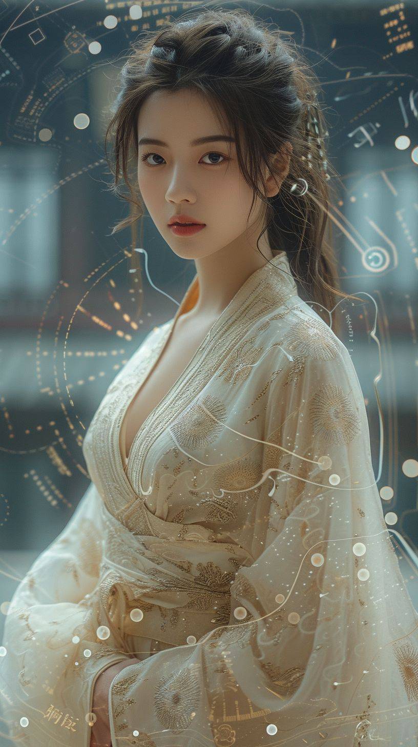 A traditional Hanfu-clad woman with long hair standing in front of an exquisite classical building. The Hanfu is rich in details and adorned with elegant accessories. Background incorporates virtual reality interfaces and dynamic lines, adding a sci-fi touch. Artistic portrait style, high-definition detail --style raw --ar 9:16 --v 6 --stylize 750