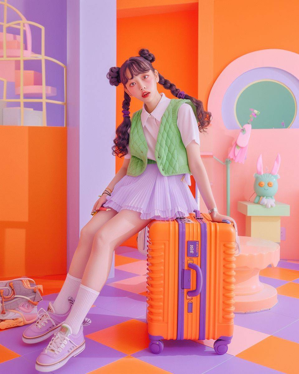 The ad showcases a woman playing with a suitcase in a colorful room, in a travel-style setting, with dark orange and light magenta checkered floor. Choreographed by Miwa Komatsu, the comical dance features a woman in braids, tall and slim, wearing a green knit vest and white shirt, a light purple mid-length skirt, white socks, and purple loafers.