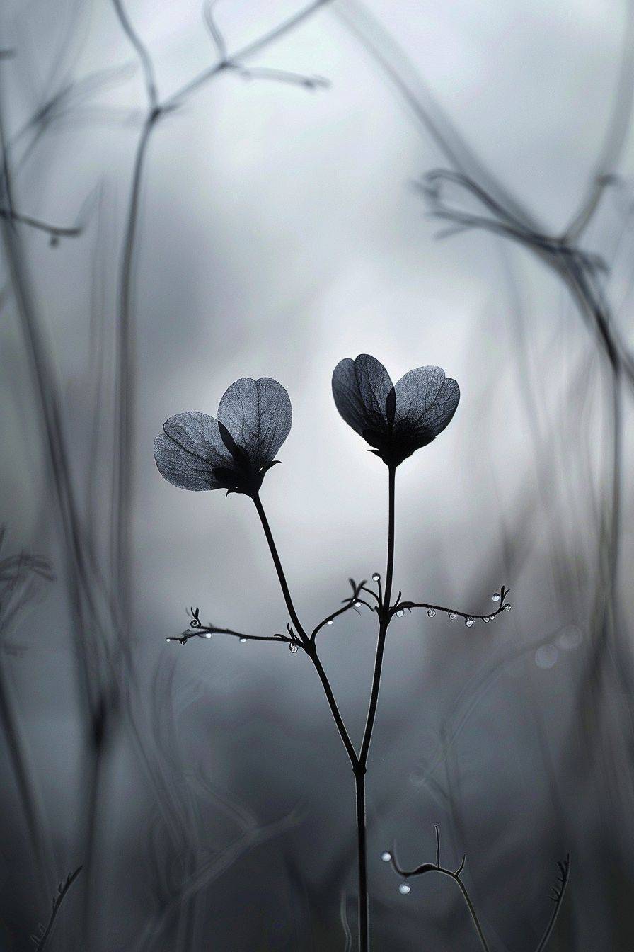 Nathan Wirthによるマクロ写真、冬、ディテール、お互いに触れ合う2つの花、朝の光