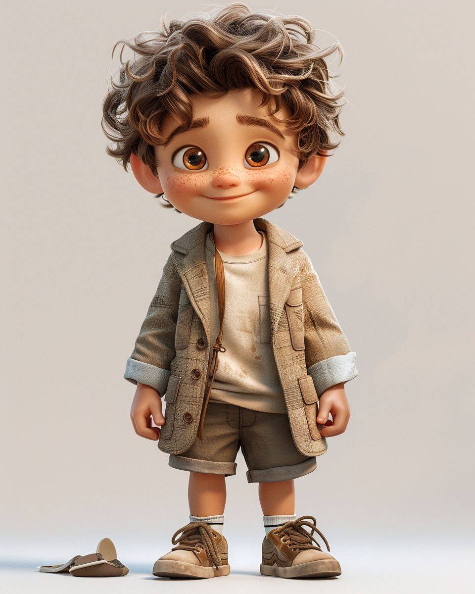 A boy, full body in a suit, wearing a t-shirt and shorts, sneakers, skin with light eyebrows, smiling, short curly hair, brown eyes, brown hair, short hair, white background