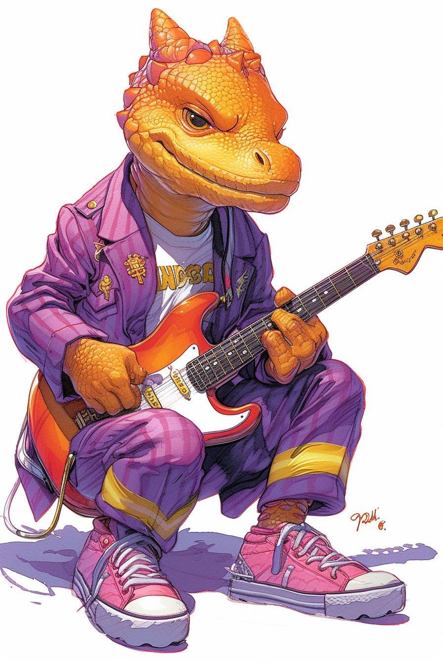 Character drawing on white background, a Chinese Dragon sitting playing music with a Guitar, wearing a purple suit with yellow stripes and pink sneakers, --chaos 5 --ar 2:3 --v 6 --stylize 250