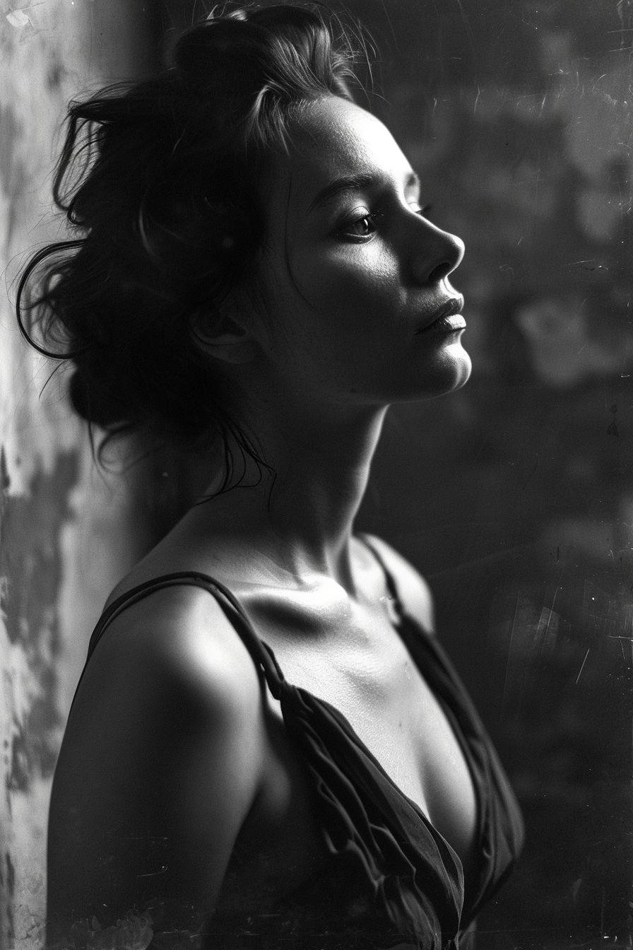 A black and white wet plate photo portrait of a woman in a sleek dress, with her silhouette emphasized through intense lighting and shadow juxtaposition, showcasing images of pleasure and sensuality, with abstract shadows in the background.