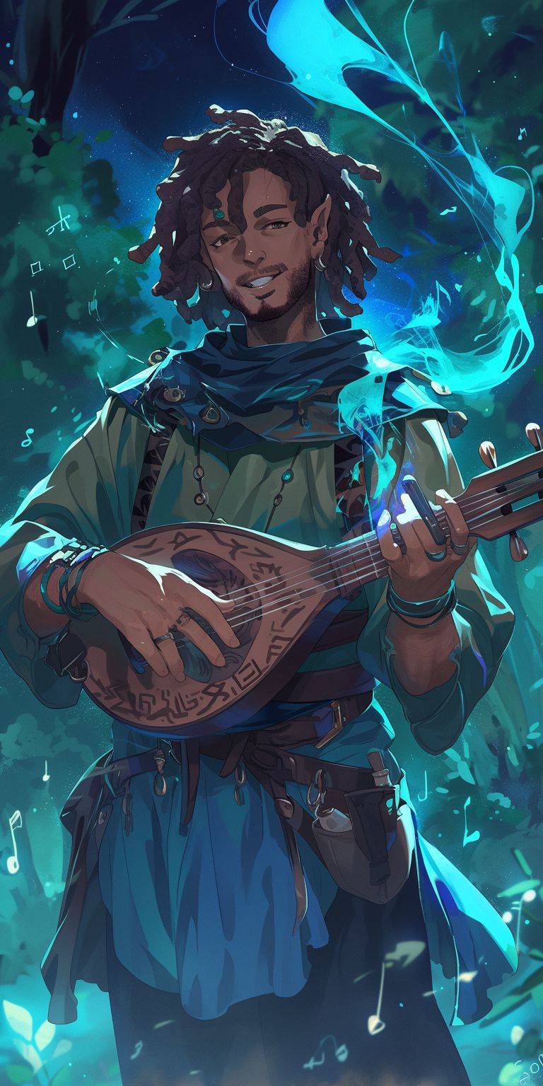 Half body anime DND character frontal portrait drawing of a smiling small short tanned skin happy hippie halfling hobbit bard guy with black dreadlocks and stubble and teal headscarf, standing and playing a lute while smoking an ancient wooden pipe, colorful teal purple blue swirling smoke around him, at night under starlight in the magical forest, wearing a teal poncho with brown swirl symbols, wearing green round sunglasses, happy stoned high expression, glowing musical notes floating in the air, clean outlines, lush green forest background