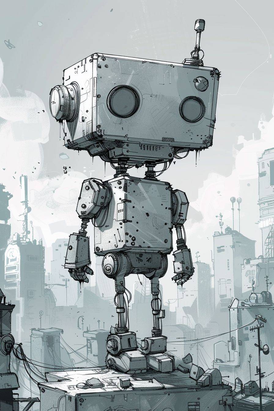 Friendly robot, cartoon character, scribble ink, futuristic city background, metallic palette, loose lines --style raw --aspect ratio 2:3 --stylize 200