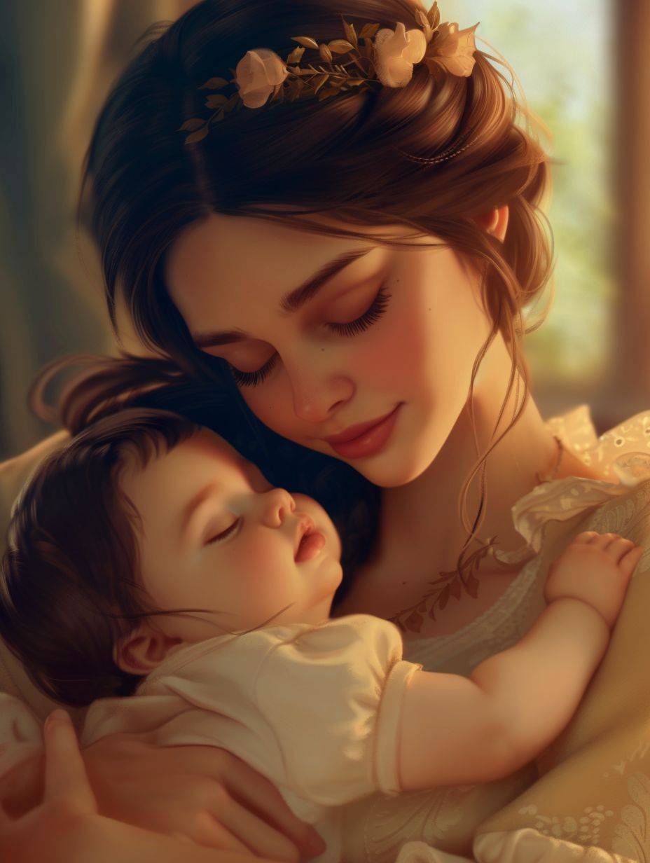 A devoted mother gently cradling her newborn baby, whispering lullabies and showering soft kisses upon the little one’s button nose.