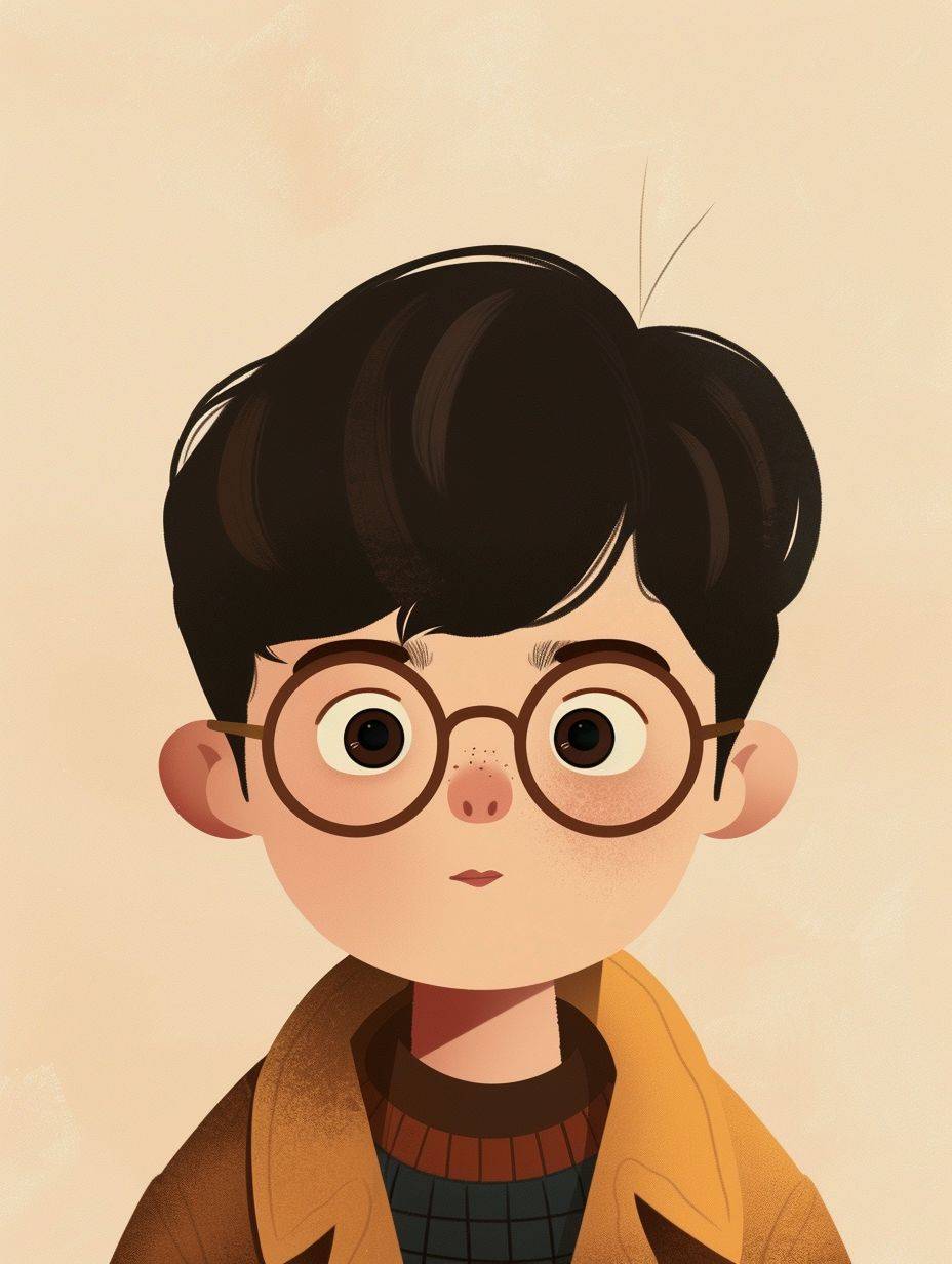 Kakao Talk emoticon, profile picture, Korean boy, round glasses, dark hair, brown eyes, flat design, Jon Klassen style