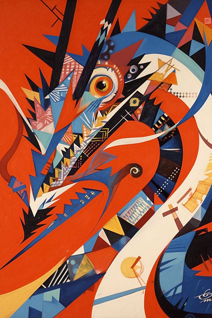 An avant-garde Cubist artwork featuring a Chinese dragon, gazing directly at the viewer.