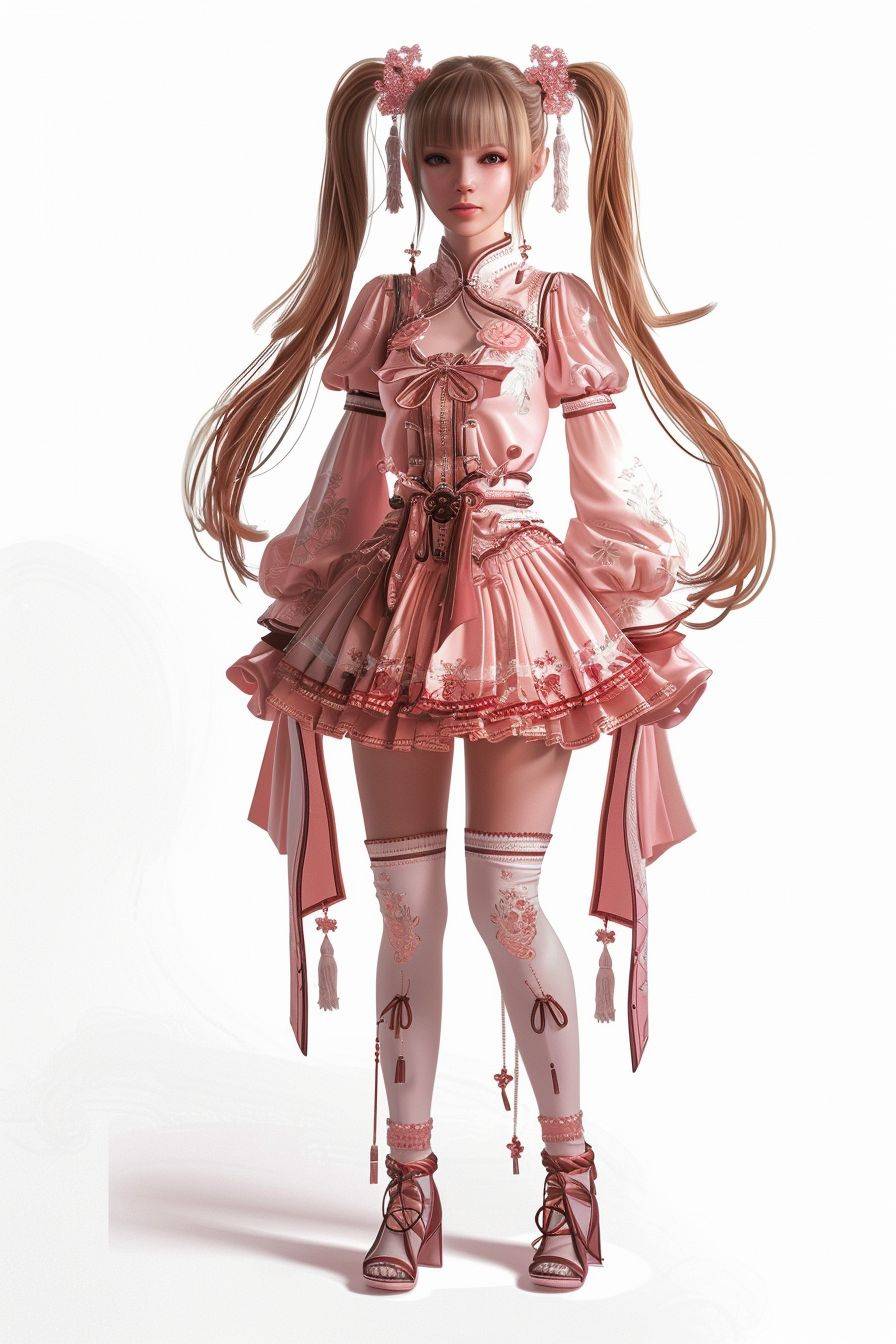 Full-body rendering of clothing, with enlarged clothing details next to it, a nine-headed girl with double ponytails, wearing a pink Lolita skirt, Chinese cheongsam elements, white background