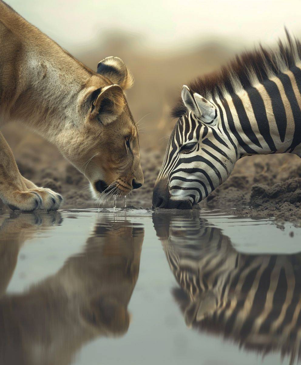 アフリカの乾燥したサバンナの池の水面を舐める雌ライオンとシマウマ。エレガントでミニマリストで、横から撮影
