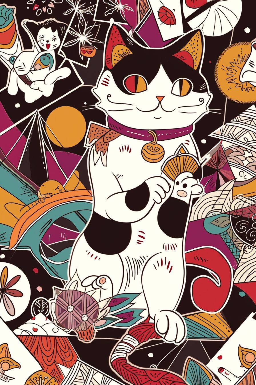 可愛らしい猫の融合をフィーチャーしたストリートアート風のタロットカード--スタイル化された、カオス4、アスペクト比が2:3、ビューが6、スタイライズが50