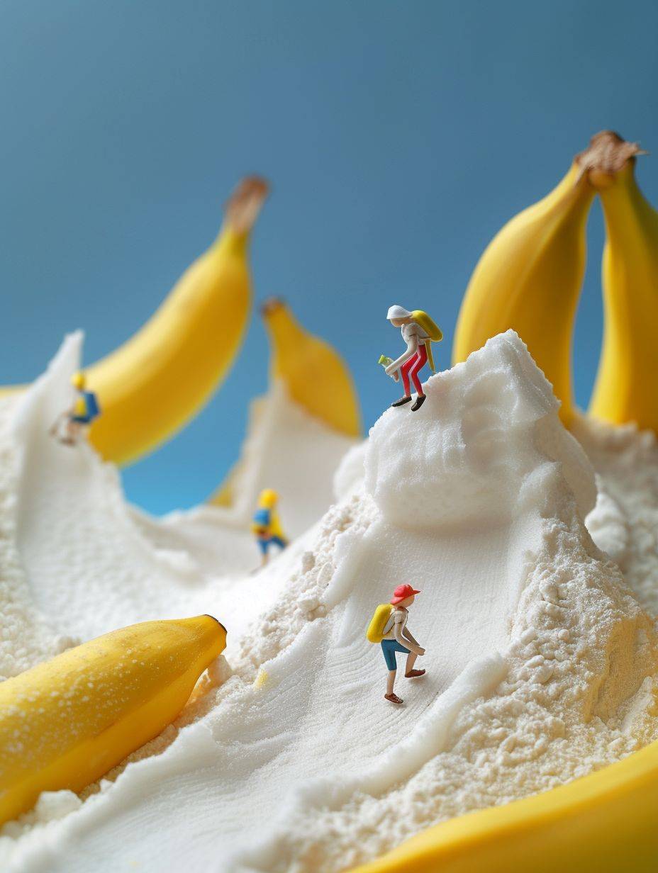 Little people climb the banana mountains, roads made of flour, miniatures, porters, games, fantasy landscape style, macro art, miniature cores, highly creative images, miniature creative photography, colorful animated stills, grocery art, minimalist figures, kawaii punk, advertising posters