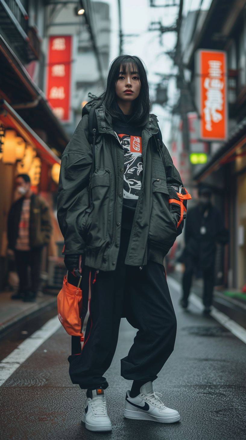 A 27-year-old woman with dark bob hair stands on the street of Tokyo in branded luxury clothing, the woman looks into the camera. Nike sneakers on feet