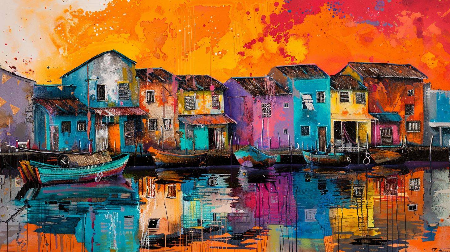 Sunrise at a colorful fishing village by the harbour, rustic afrofuturism, reflections, sgraffito, strong visual flow -- aspect ratio 16:9