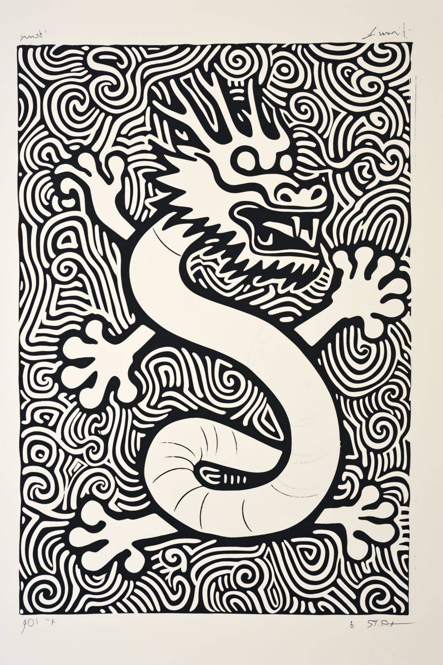 A traditional Chinese dragon, four-pawed, in the style of Keith Haring, with thick line draft, printed with lino, cool and simple