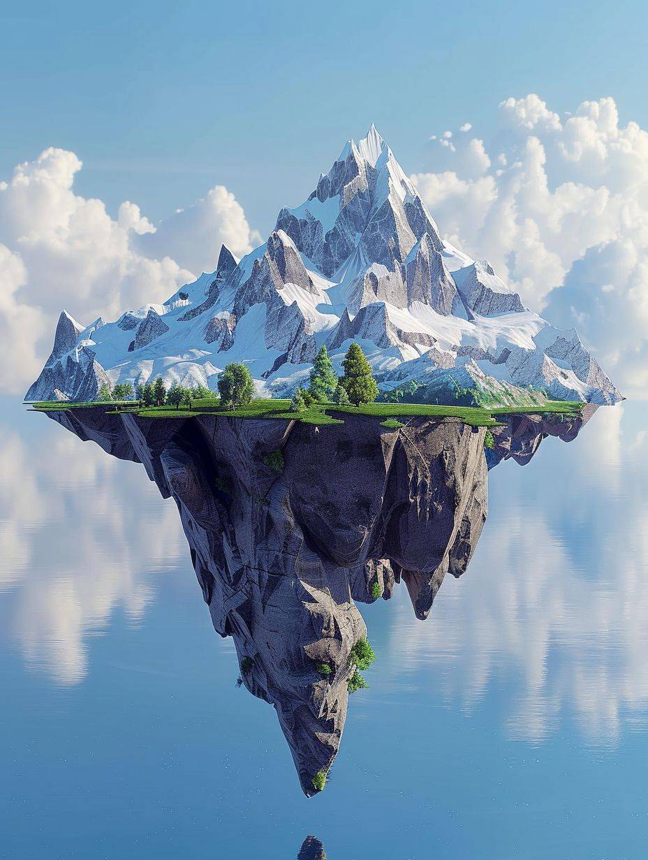 Suspended small island with snow-capped mountains, lowpoly --ar 3:4