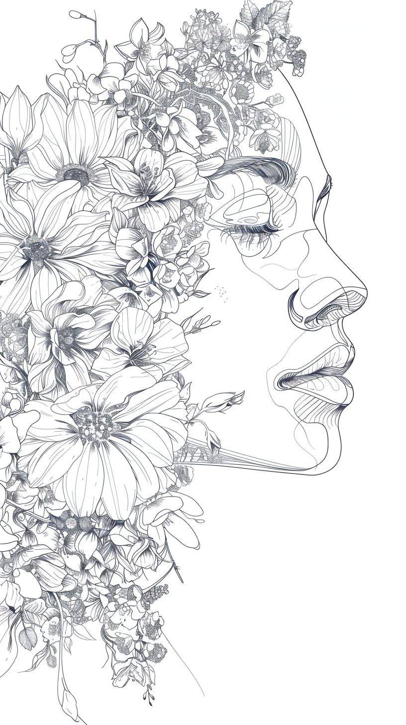 花の線画、ハイビジョン、白背景、8K