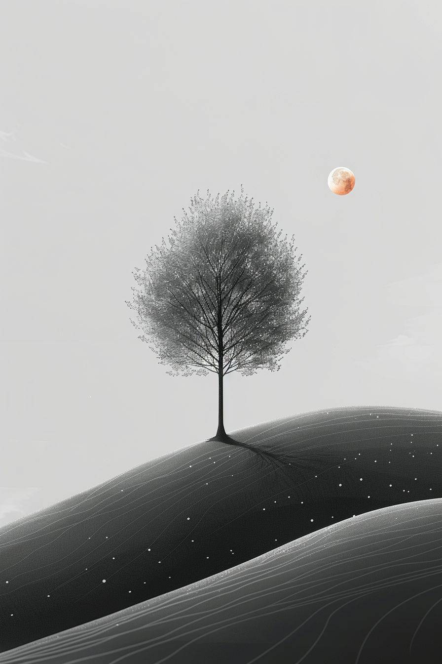 This is a minimalist line art featuring a serene landscape, with a single tree under moonlight, on a mug.