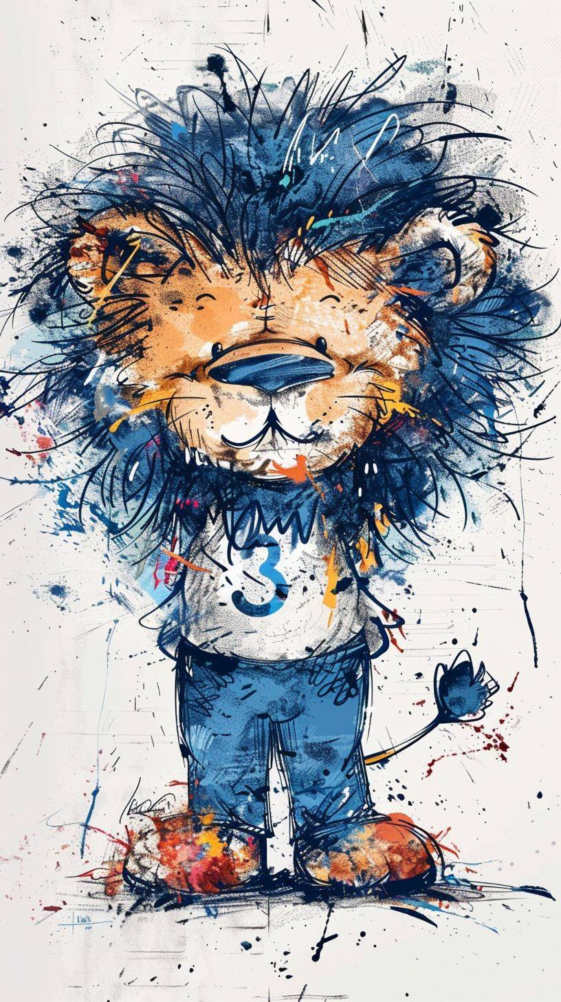 Ralph Steadman風のキャラクター、太い線で手描きされた可愛らしいライオン、青い髪、ぬいぐるみの感触、ベクターファイル、水彩、白い背景、ラフ、ミニマリズム、正面図
