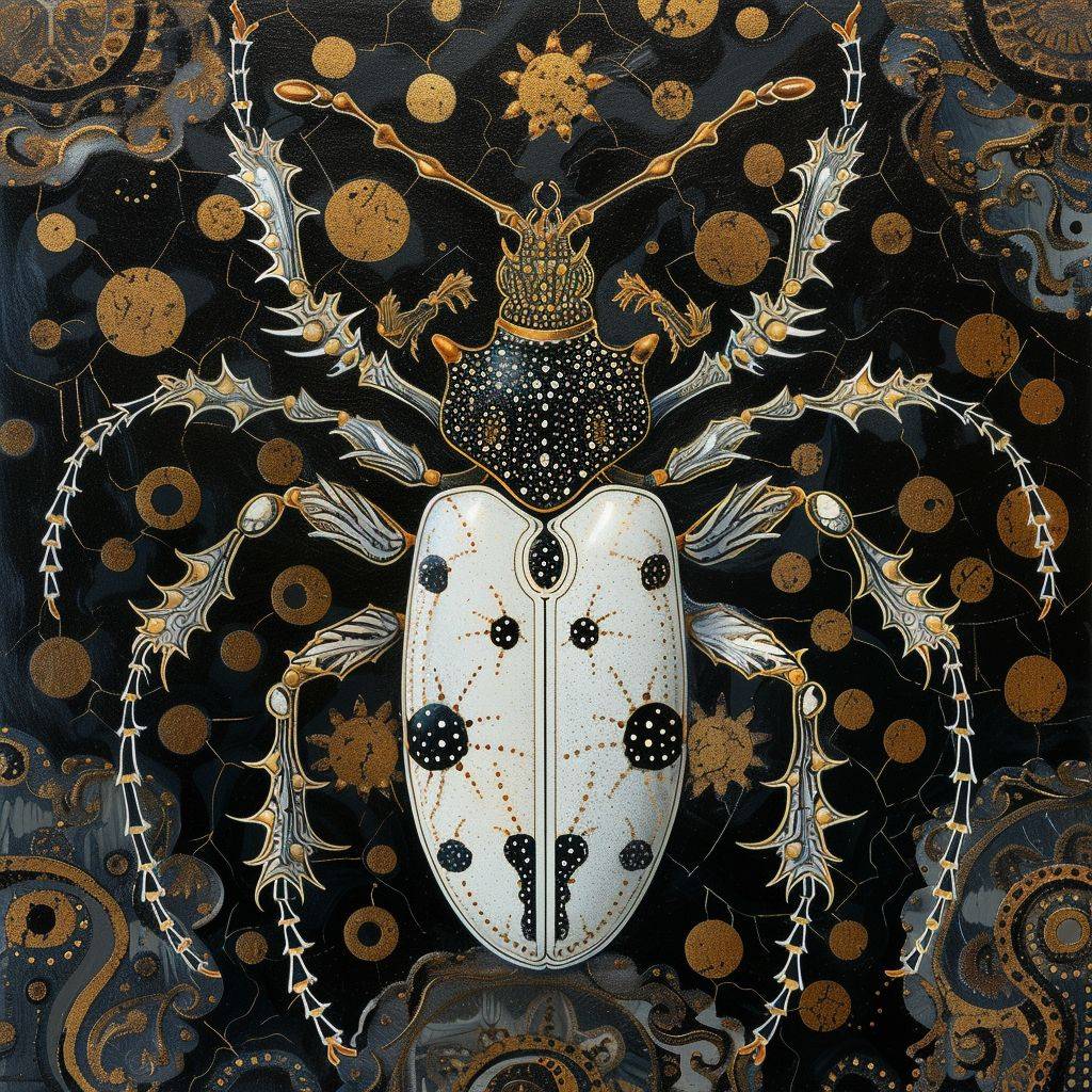 Insecta spider beetle in white and black, in the style of Barthel Bruyn the elder, multilayered, inlay, dark gold and silver, Agfa Vista, Flickr, large-scale --v 6