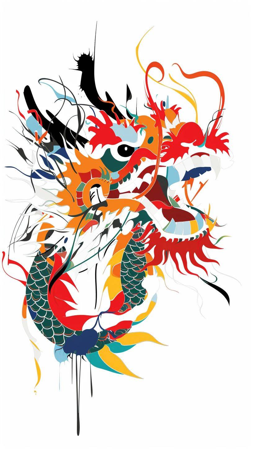 吴冠中のカートゥーン風中国のドラゴン。かわいらしいスタイルで、正面からの視点で多彩に描かれており、幸せそうな表情の頭部が特集されています。この作品はミニマリズムを組み合わせ、ピカソの影響を受けており、白い背景に先進的なカラースキームを使用したイラストスタイルで描かれています。高解像度32k。