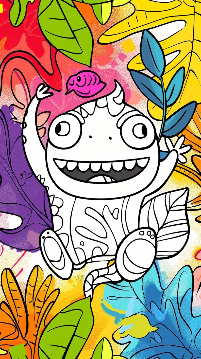 A coloring page with simple lines and no background, featuring a cute monster. The background of the page is filled with vibrant colors and children's books for ages four to six.
