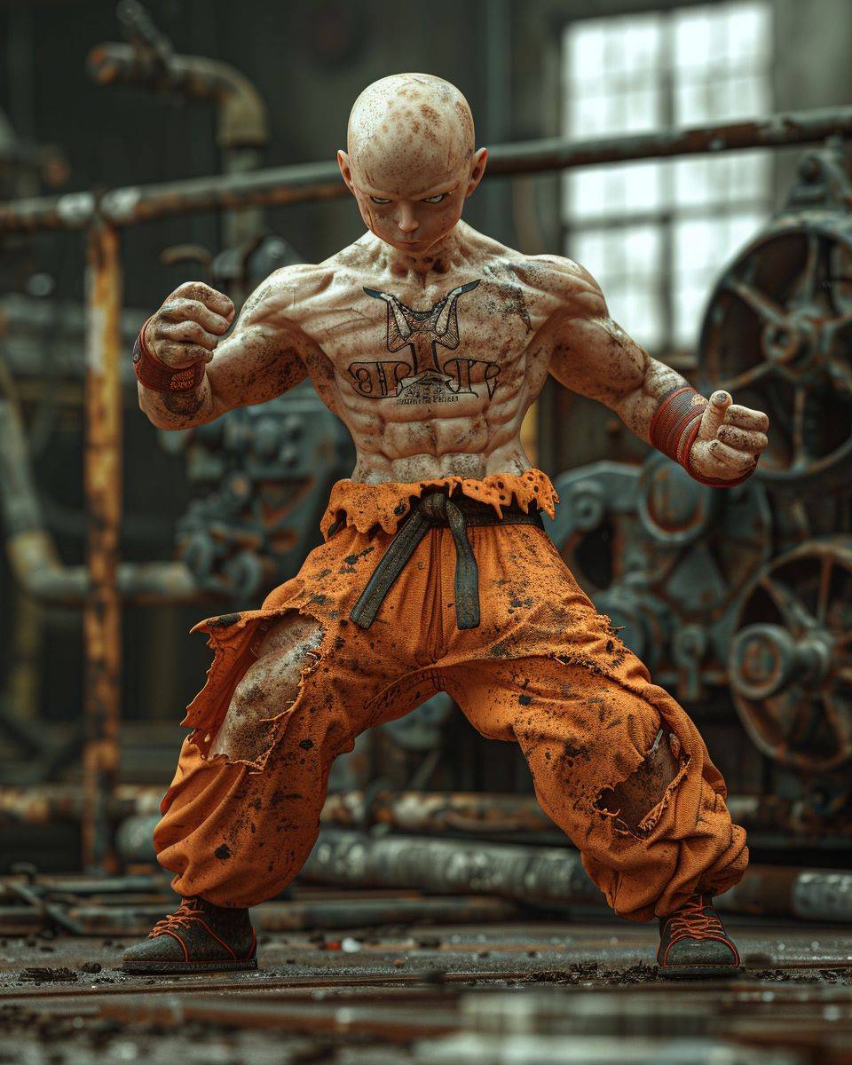 Krillin from the Dragon Ball anime series in the style of Daredevil from Marvel, wearing UFC fighter gloves, in a fight pose scene, 8K UHD, intricate details, mechanic workshop background, depicted in full body profile.