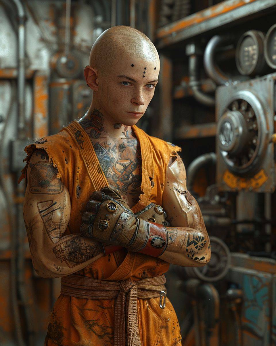 Krillin from the Dragon Ball anime series in the style of Daredevil from Marvel, wearing UFC fighter gloves, in a fight pose scene, 8K UHD, intricate details, mechanic workshop background, depicted in full body profile.