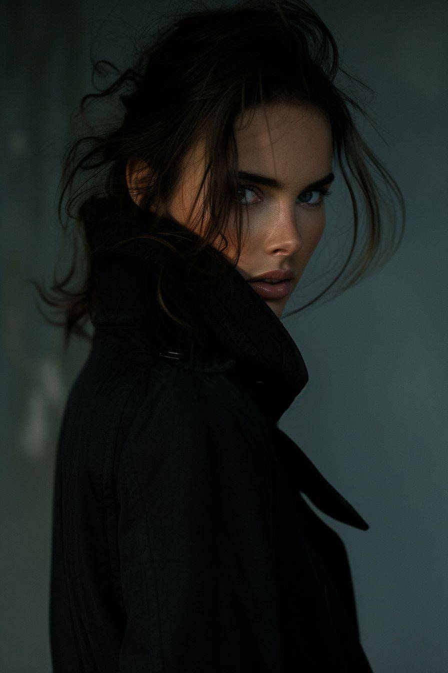 Silhouette portrait of a brunette woman with her hair tied back, wearing a modern long black high-end fashion jacket. She is looking at the camera against a minimalist dark background, giving the impression of posing for a fashion shoot for a magazine cover. The photograph has a film grain effect. Photographed by Darryl Richardson