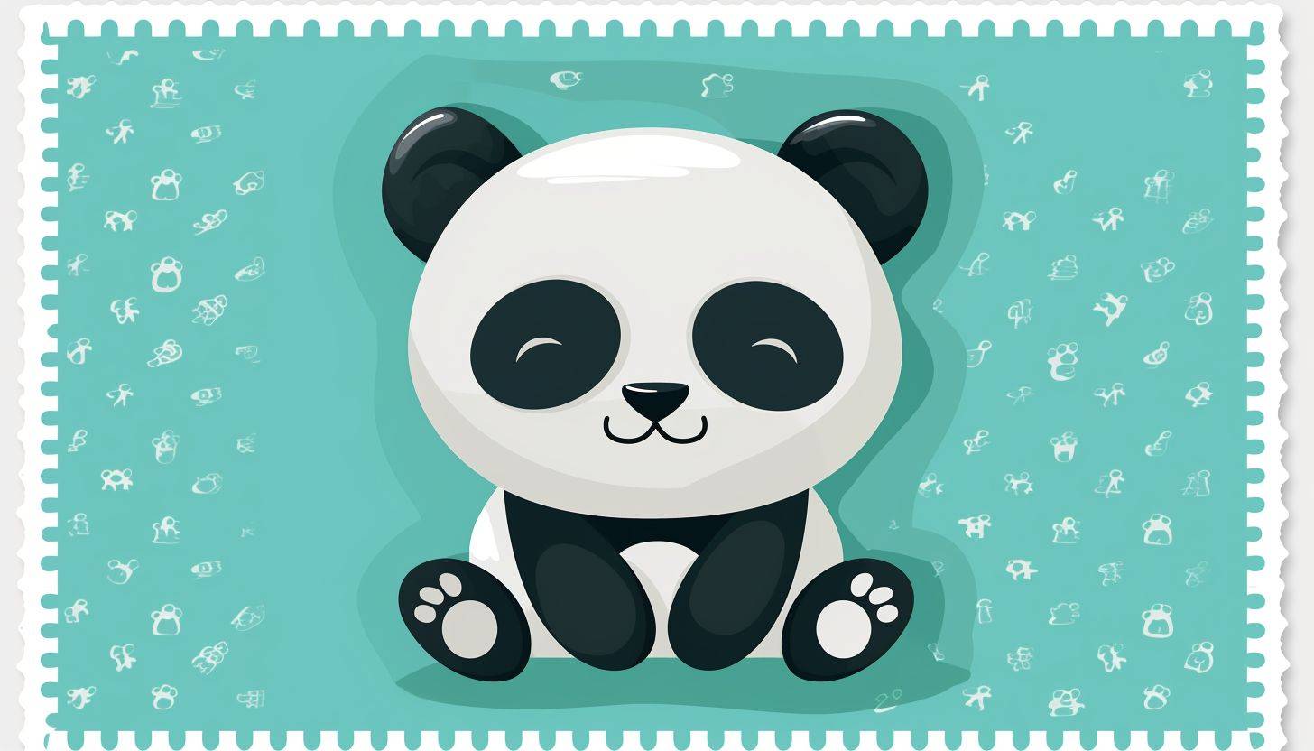 A postage stamp of a cute panda, with a baby blue and black color theme