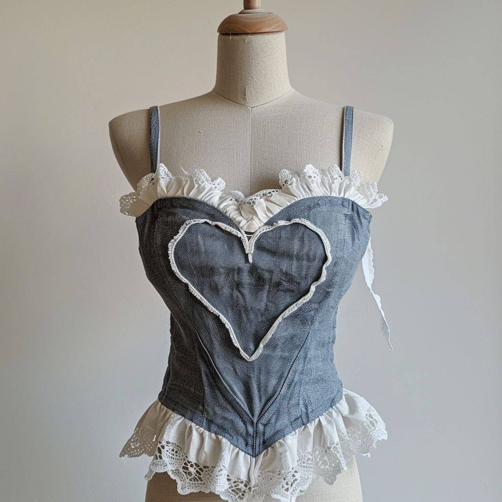 A woman's top in the shape of a heart with straps, it's made of dusty blue linen material and has white lace trim around the heart, intricate details and looks professionally sewn, accurate, realistic, on a dress form by itself with a white background