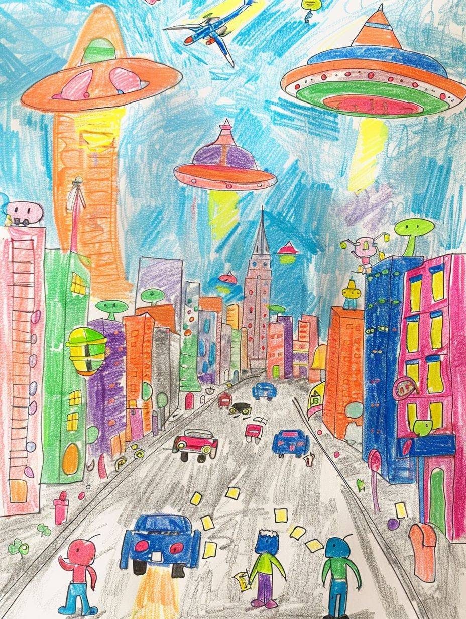 a fun kids drawing by a 4 year old, Kids eating marshmallows in the street, flying saucers in the sky, driverless cars on the side of the road