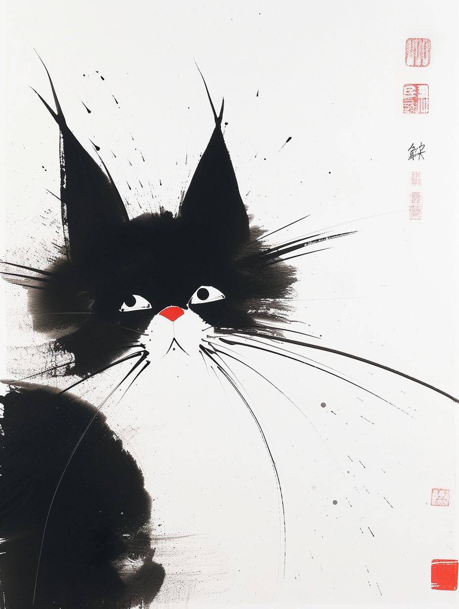 吴冠忠によって描かれた中国の猫、とてもかわいく、インクの芸術的な概念、抽象的でシンプルな線、挿絵、ピカソ、白い背景、18k、ピクサースタイル