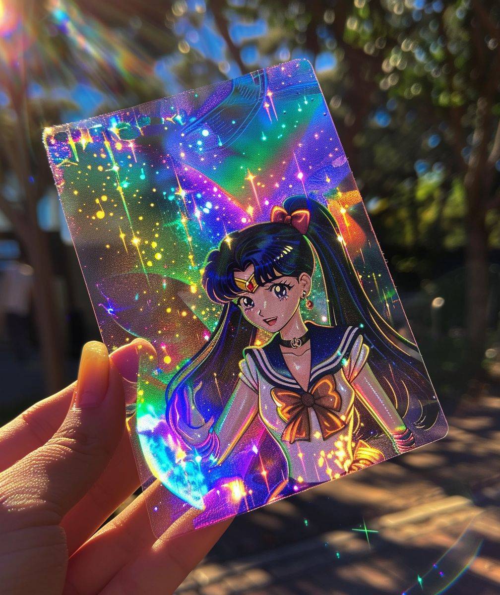 A beautiful manga drawing card features a girl in a magical background reminiscent of a 1986 anime TV show, in a nineties anime style, as if being held by a real hand.