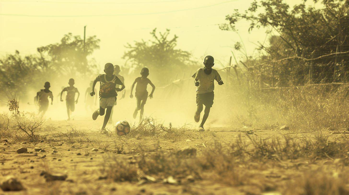 Documentary style, candid snap of [a group of children] [playing soccer] [in a dusty village field] [at midday]. Vibrant dramatic, intense setting. Captured on a digital camera, action narrow angle --ar 16:9.