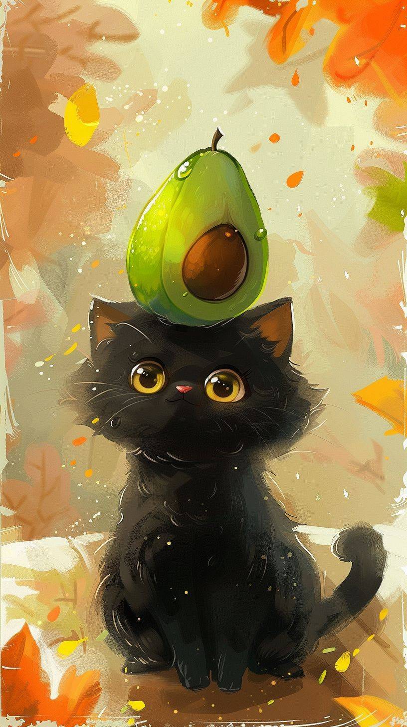 Warm color background board, The little black cat has a huge avocado on its head, wool felt style, Ni Chuanjing hand-painted style, soft picture, This is an animated gif, Vision, Kawaii comics, children's picture books, Outlined with thick black lines, close up, Warm color palette, Cartoon innocent drawing, 2d style, rough edges, Hand Painted, low saturation, Bright colors, Fried hair, Featuring focus stacking, and whimsical animations, All of these are in 2D format, The award-winning --ar 9:16 --v 6