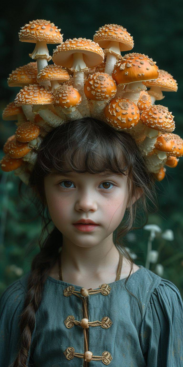 A mushroom growing on an Asian child's head on a dark green background, surreal and realistic photo --ar 1:2 --v 6 --stylize 750