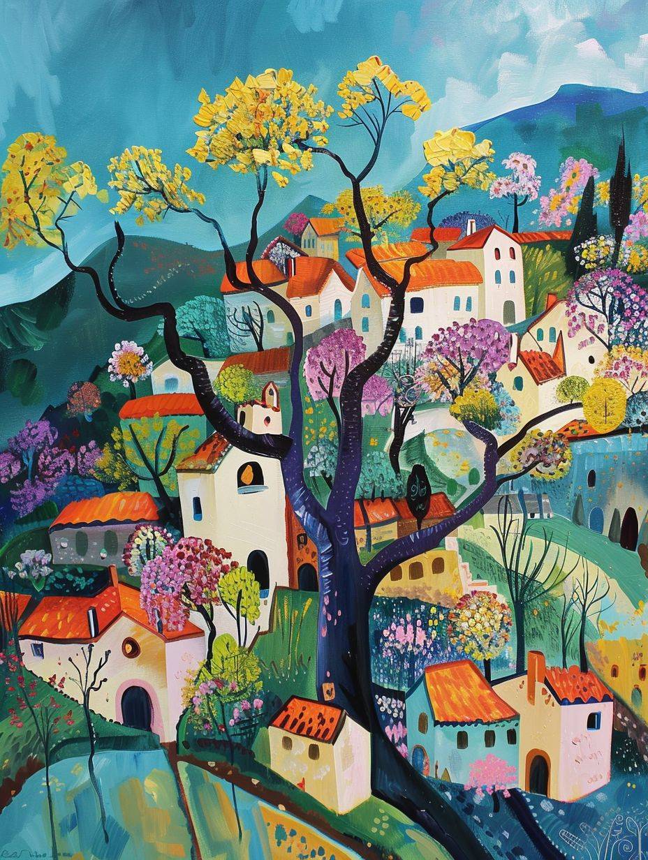 Traditional French refined village with tree and flower cathedral, medieval oil painting by Picasso