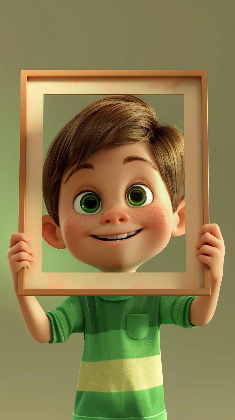 a smiling child holding an instagram style frame for a photo, funny cartoon 3d style, green and cream colors