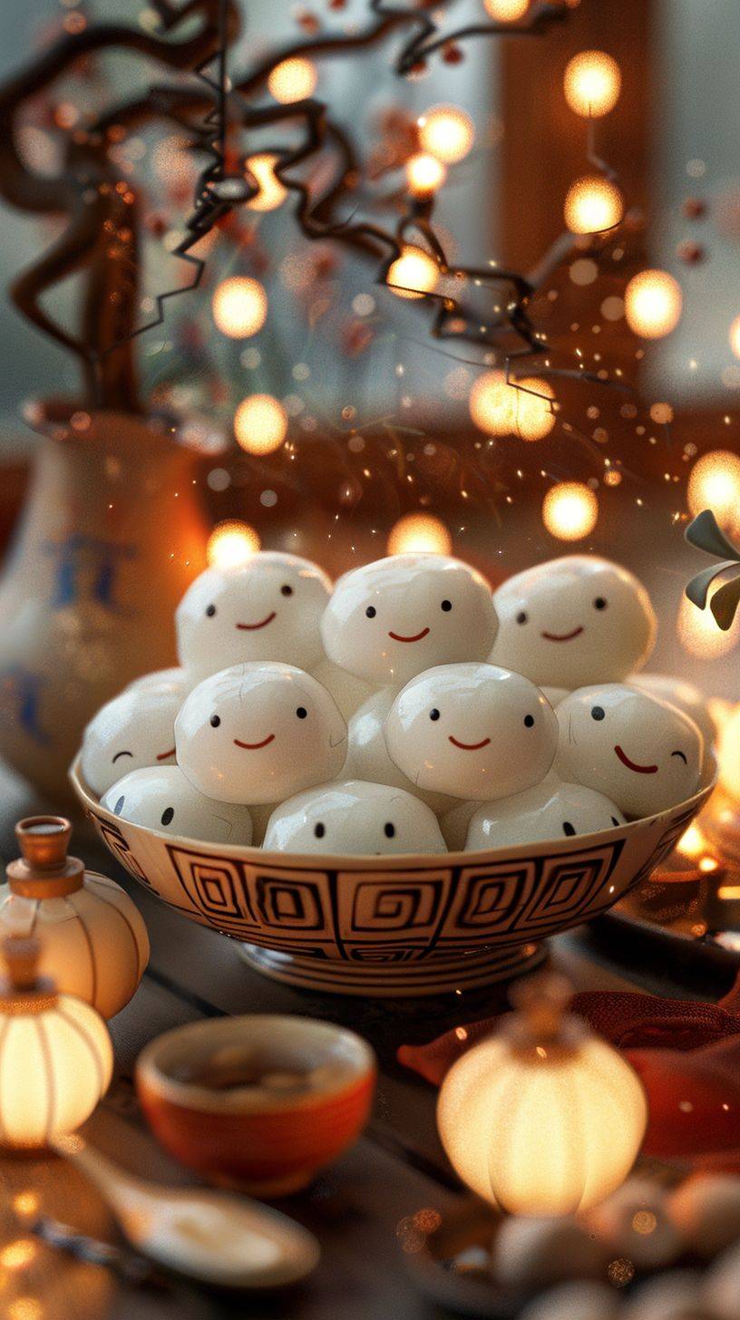 Miniature, super cute clay world, a huge bowl with many lovely rice dumplings, lovely expression, Chinese Lantern Festival, tilt movement, excellent lighting, volume, brush rendering, 3D, super detail
