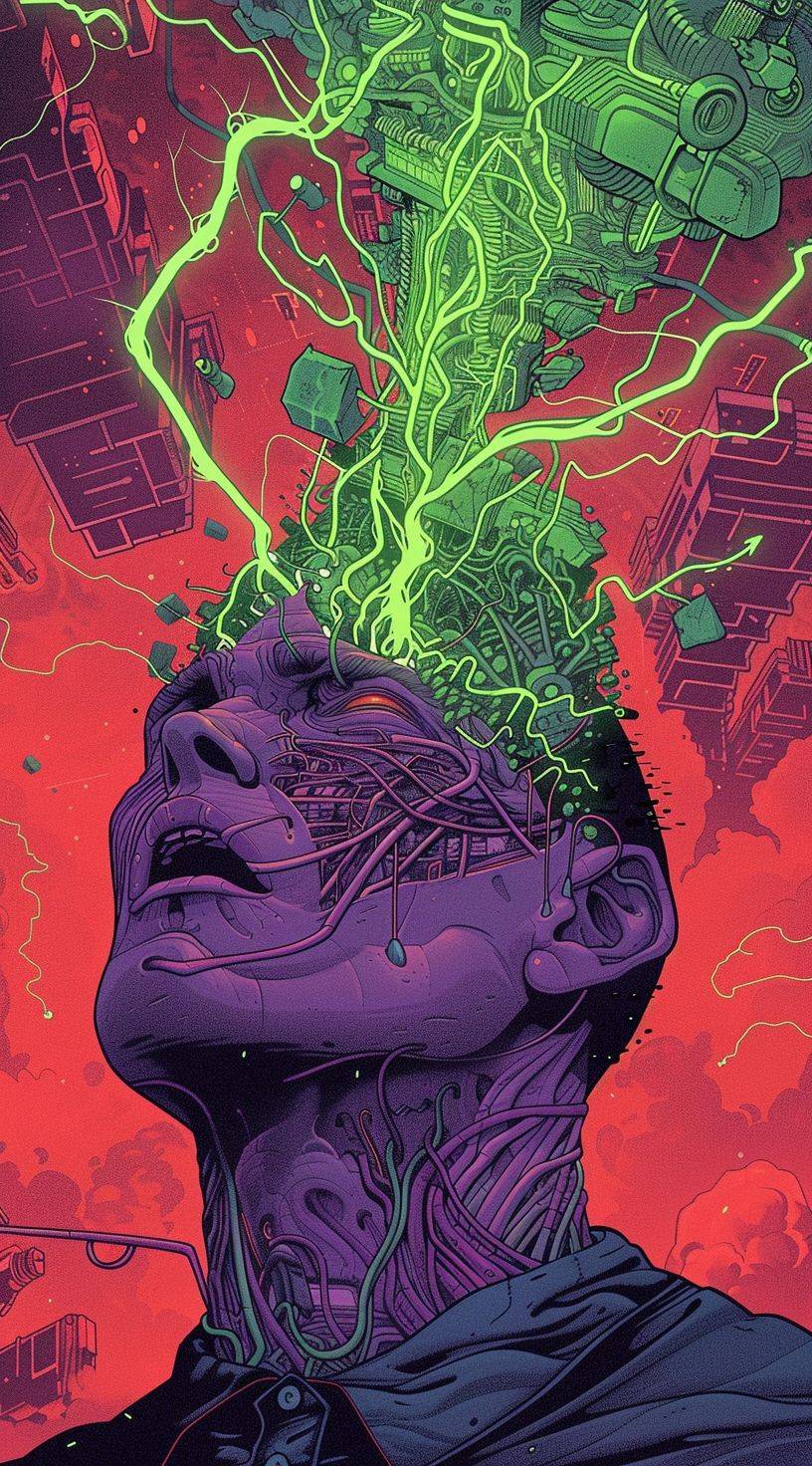 the head of in a red environment, with electricity lines coming from his head, and his head, in the style of interstellar comic book art, purple and green, hyper-detailed illustrations, dan mumford, josan gonzalez, trompe-l'œil illusionistic detail, cybersteampunk --ar 62:111