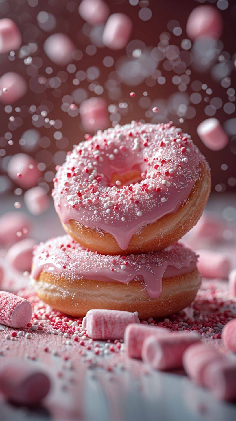 Two pink realistic donuts on the ground, marshmallows falling from the sky, modern simplicity, Felicia Simon, cinematic texture, low contrast film, photo, soft light, best quality, high quality, high detail, detailed decoration, Crazy details