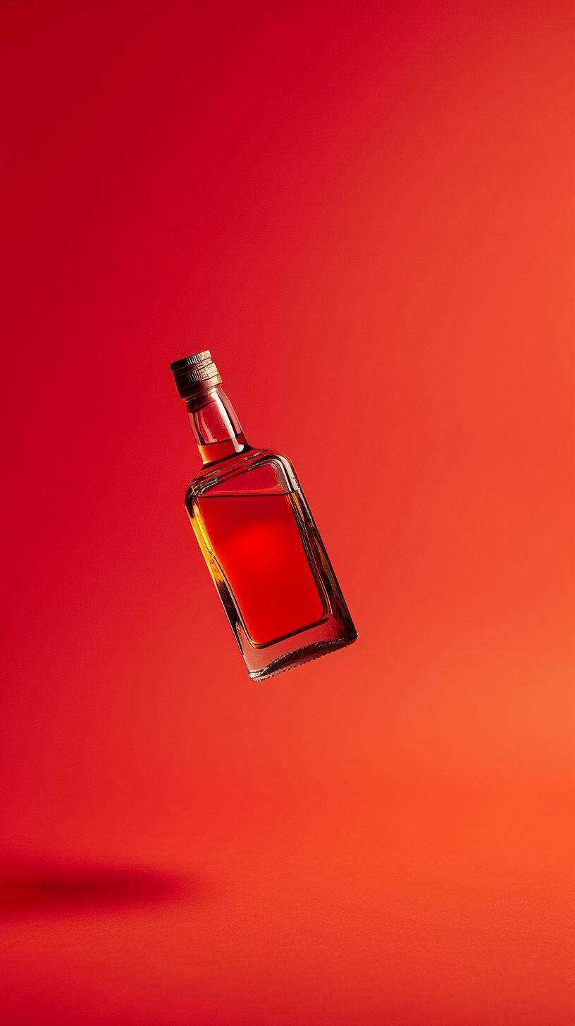 bottle of whisky, floating, red background