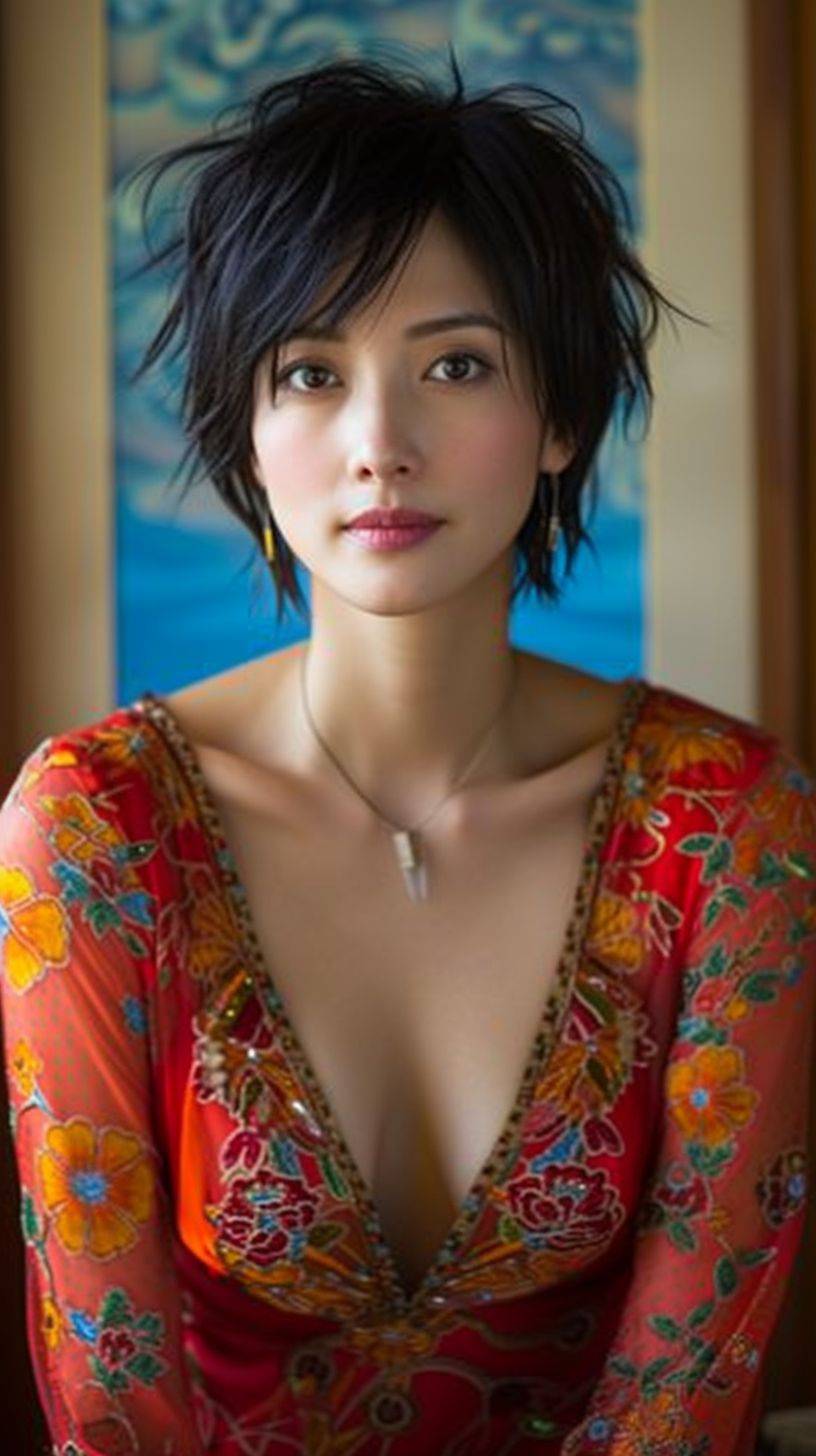 Magazine cover, studio photograph of a gorgeous Chinese model with short straight hair, in a fancy low cut dress. The camera angle is low and dramatic. The colors are orange, red, and yellow.