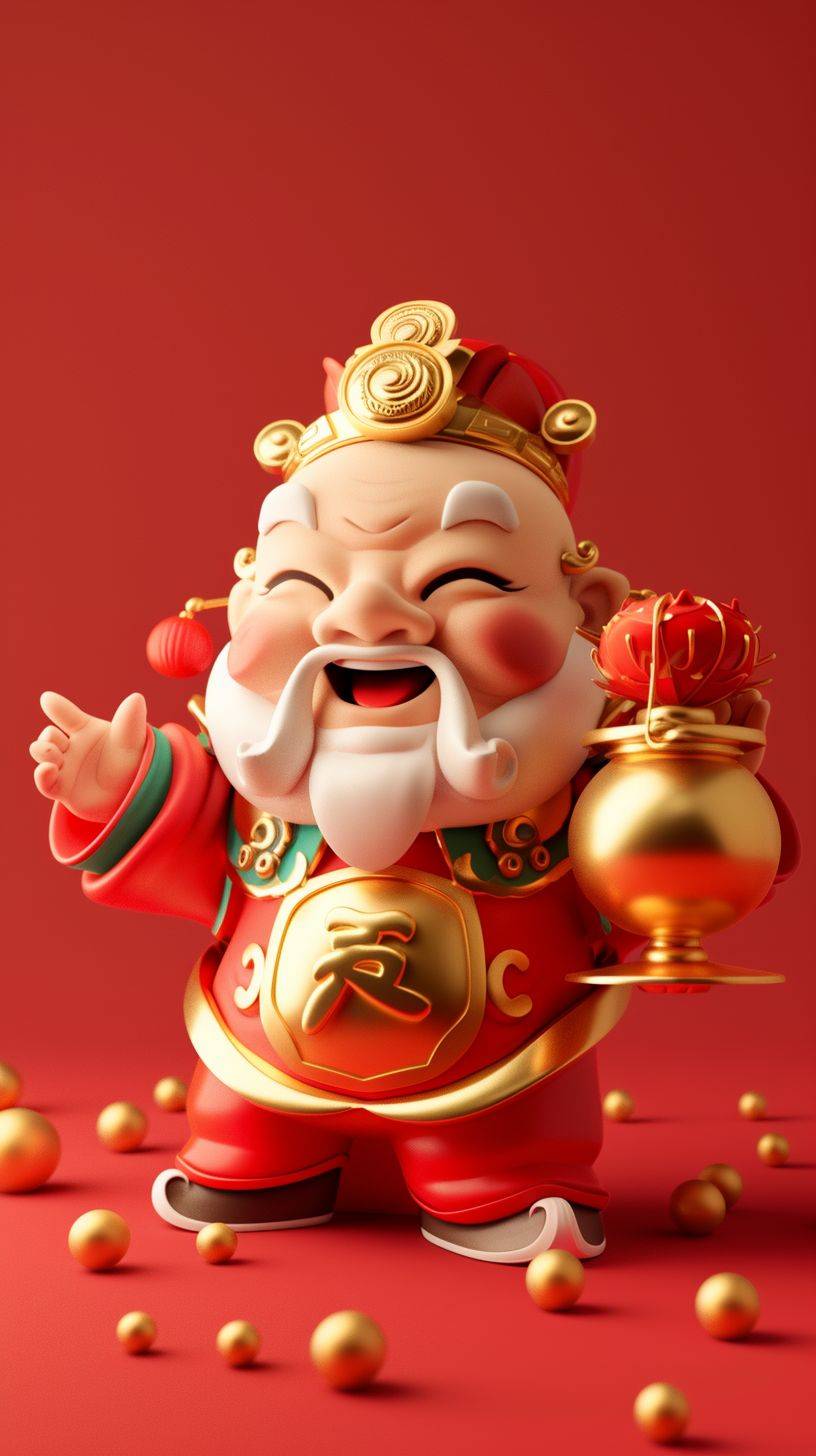 Cute Chinese God of wealth, Chinese door God, holding a large shiny gold ingot in his hand, smiling, minimalist style, simple and clean light red background, full-length portrait, movie lighting, volume light, soft and advanced colors, Pixar style, Bubble Mart, 3D, C4D, blender, chibi, dribble, Pinterest, ultra detail, ultra precision, 8k