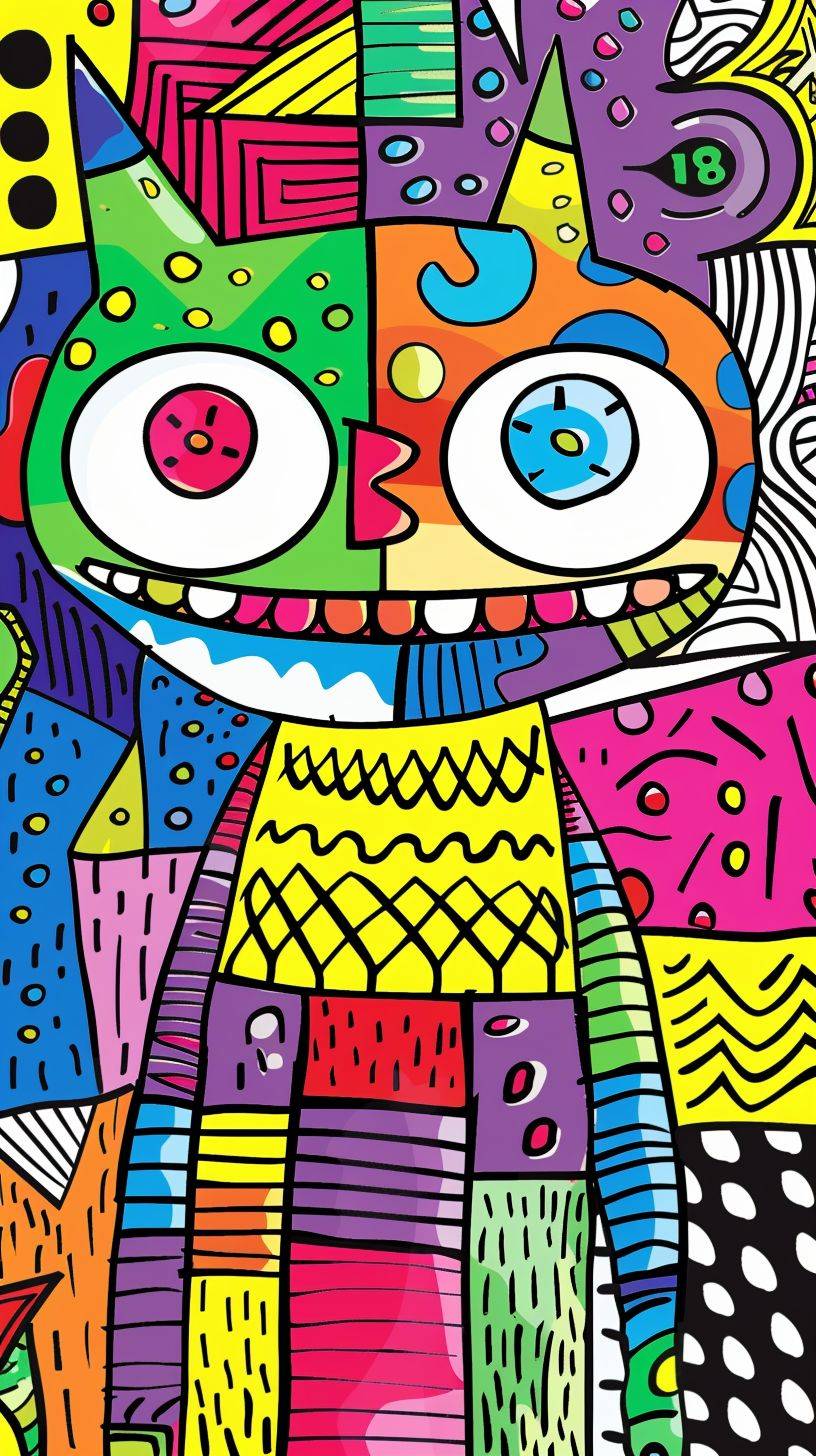 A coloring page with simple lines and no background, featuring a cute monster. The background of the page is filled with vibrant colors and children's books for ages four to six.