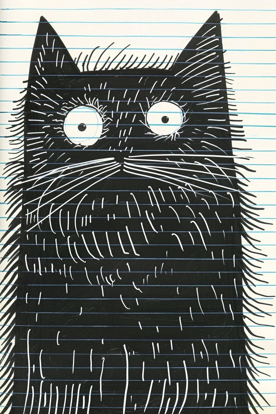 Create an image of a black cat with white facial features cleverly drawn within the confines of blue horizontal lines on notebook paper. The illustration should give the illusion that the lined paper is a part of the cat's body. The cat's head and paws should be clearly defined, with some parts appearing above the lines, while others blend into the spaces between them. The cat should have prominent, expressive eyes, and the overall drawing should be in black ink, showcasing intricate details and textures that mimic the appearance of fur. The artwork should evoke a hand-drawn feel, with the paper's texture and the pen's ink strokes contributing to the realistic yet whimsical nature of the image.