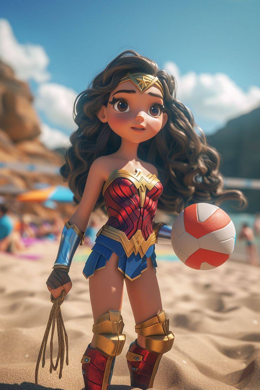 A comic book featuring a cute 5-year-old girl playing volleyball on the beach with Wonder Woman in a 3D Pixar animation style