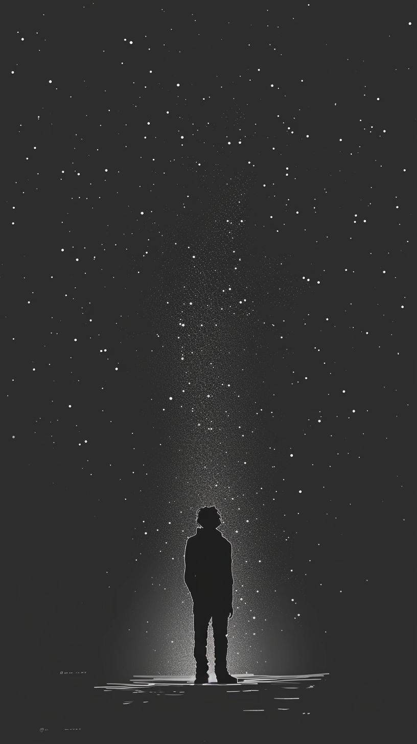 I need a hand-drawn illustration in a minimalist style that sketches countless people standing and looking at the sky against the backdrop of tiny, faint stars glistening subtly. The design must deliver simplicity, refinement, and minimalism with neat lines --ar 9:16 --v 6